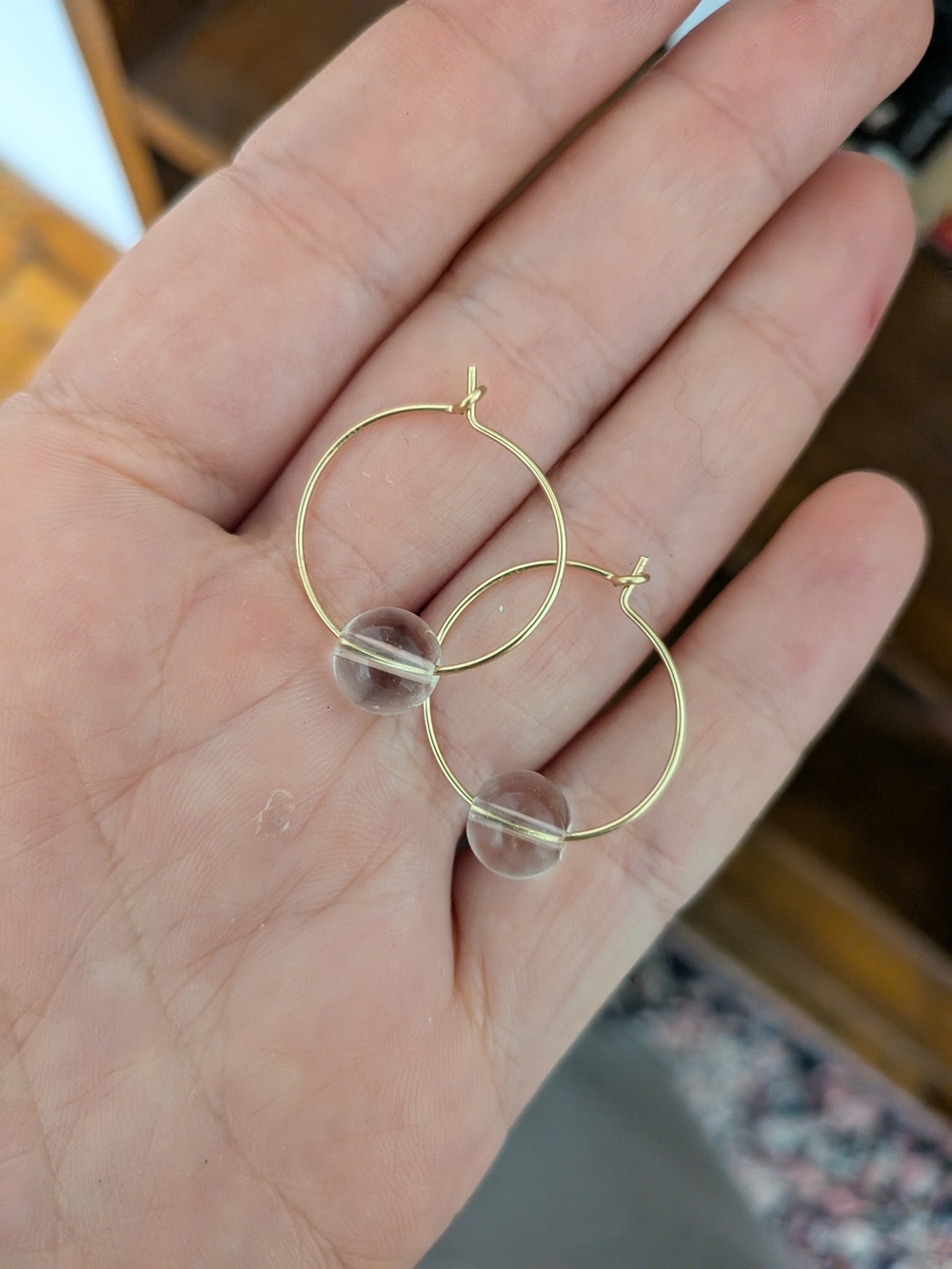 Gold Hoop Earrings with Clear Glass Bead